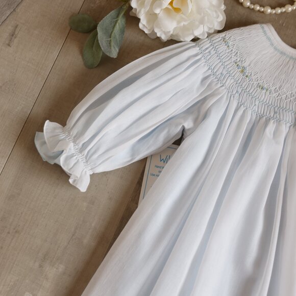 Smocked Dress Long Sleeve Bishop White & Blue w/Embroidery Will'beth Size 2 NWT - Picture 3 of 9